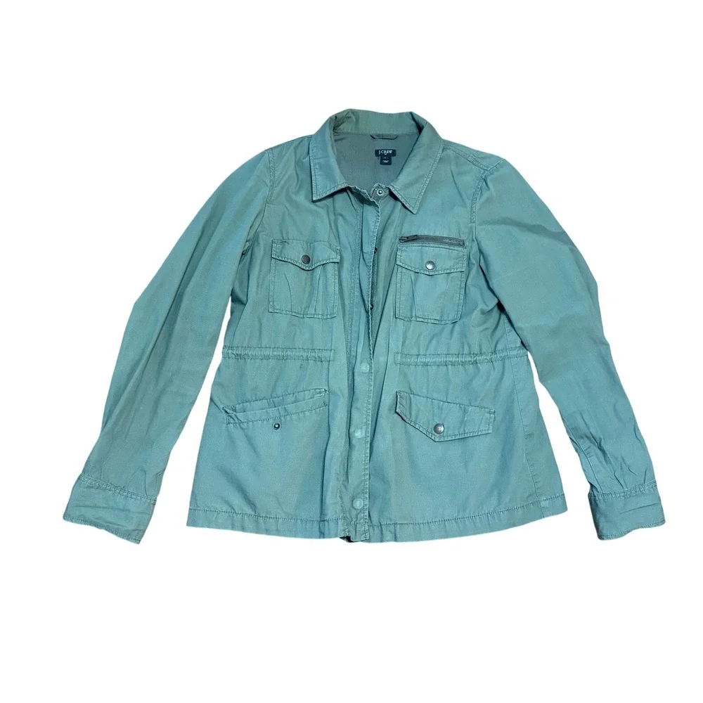 J Crew‎ Utility Jacket Military Green Cargo Pockets Zip Snap Button Sz L
